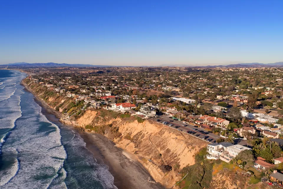 Aerial view of coastline with homes in Encinitas, California
